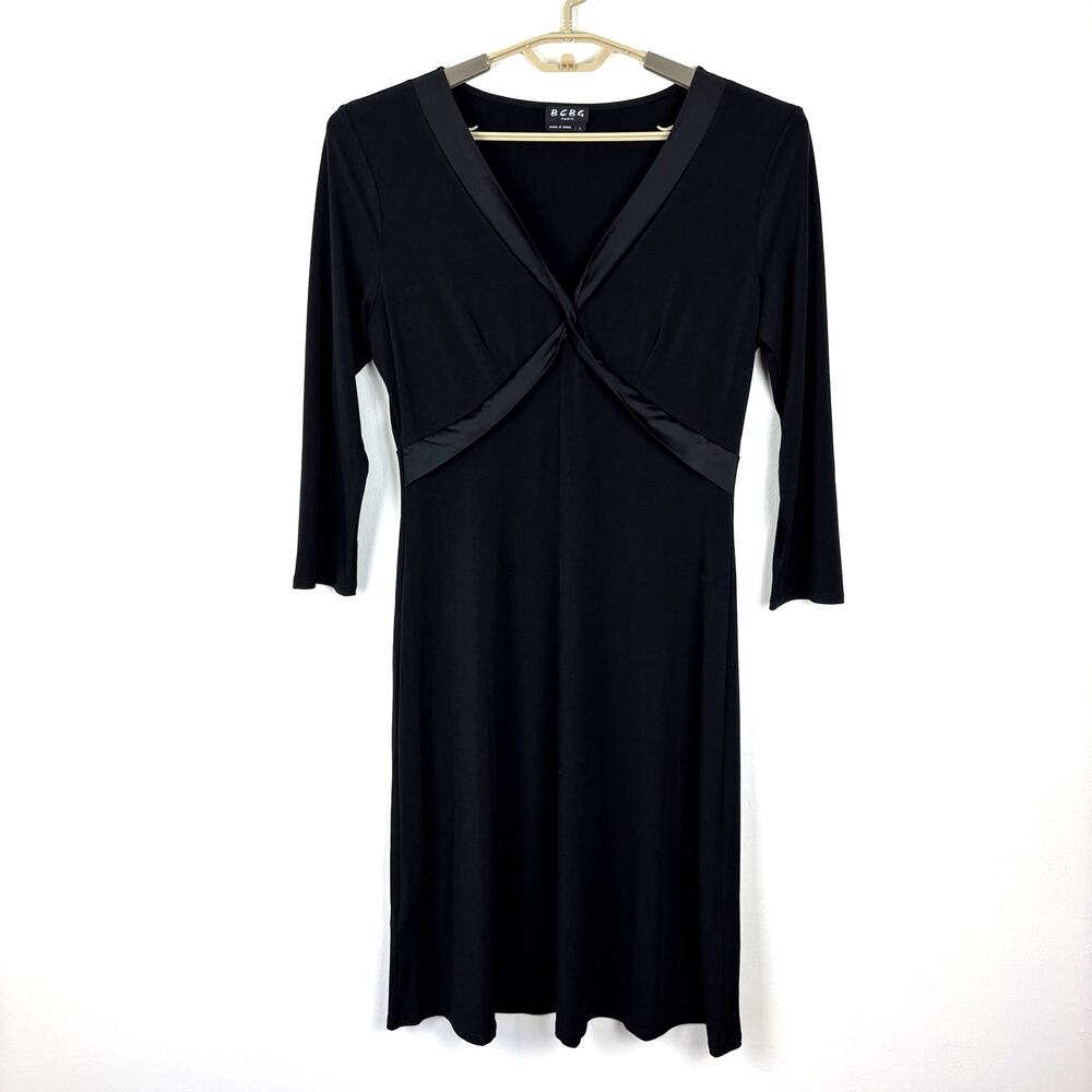 BCBG Paris Black Babydoll Dress Large satin trim 90s Y2K minimalist stretch